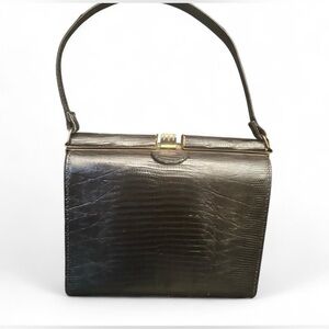 Black vintage 1950s eel skin leather snap box purse top handle handbag hardware